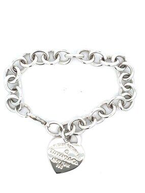 Tiffany & Co Sterling "Please Return To" Diamond Heart Charm Bracelet - 7"